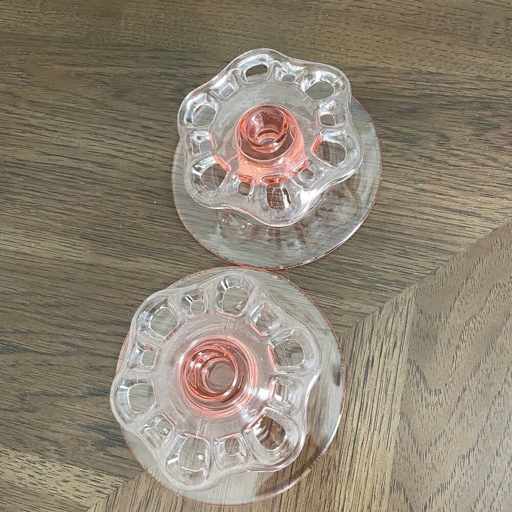 Anchor Hocking Pink Open Lace Edge Old Colony Glass Candle Holder Pair RARE Set
